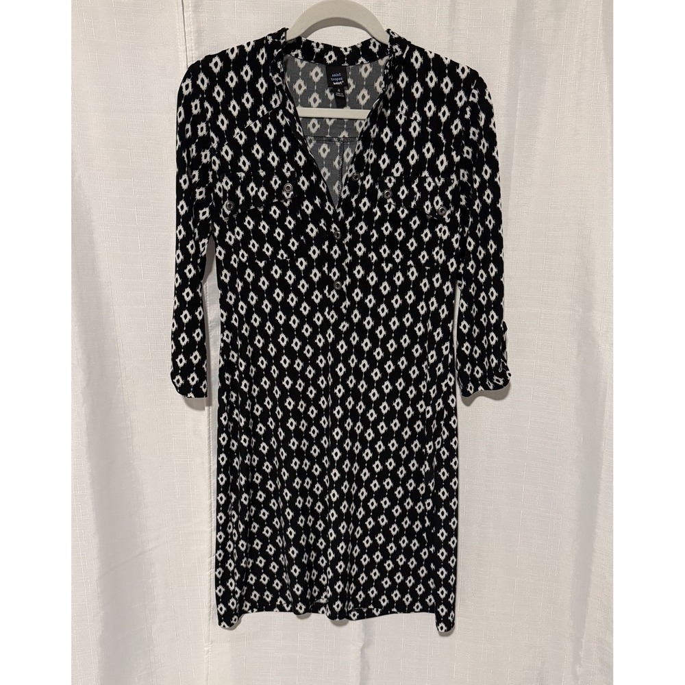 Saint Tropez West Shirt Dress Womens 4 Black White Ikat Spandex Knit 3/4 Sleeve